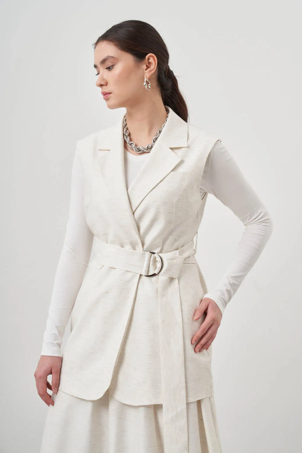 Mizalle Belted Vest Ecru Apparel